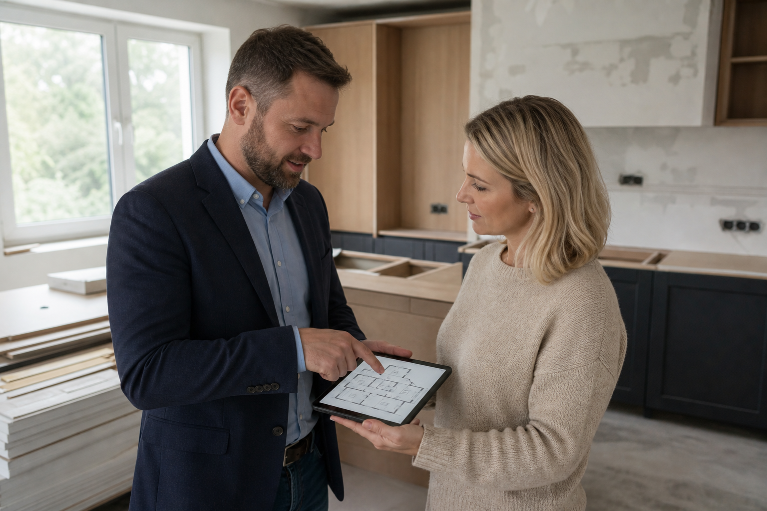 TAVEXO team consulting with a client during a kitchen renovation in Warsaw