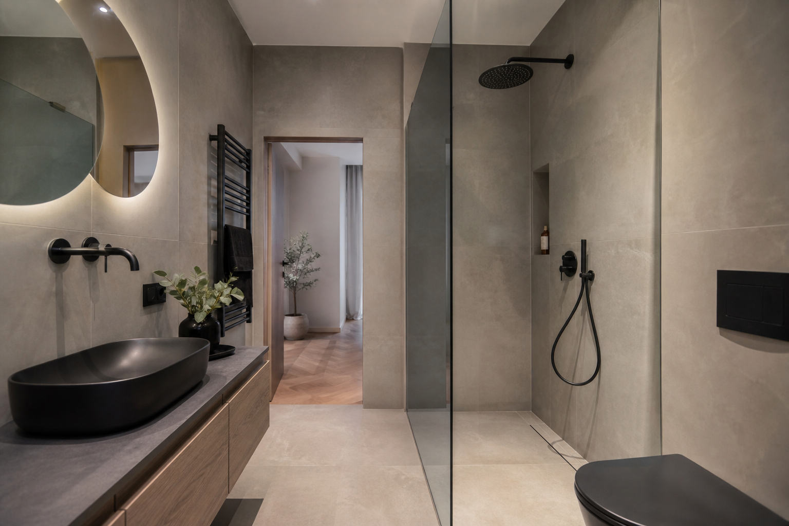 Renovated luxury bathroom with walk-in shower in Warsaw