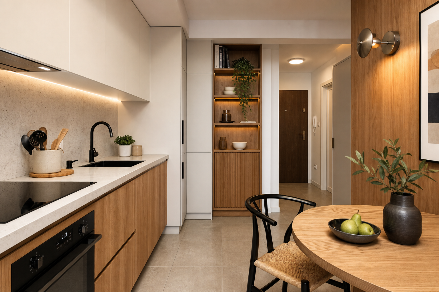 Renovated kitchen with dining area in Warsaw apartment