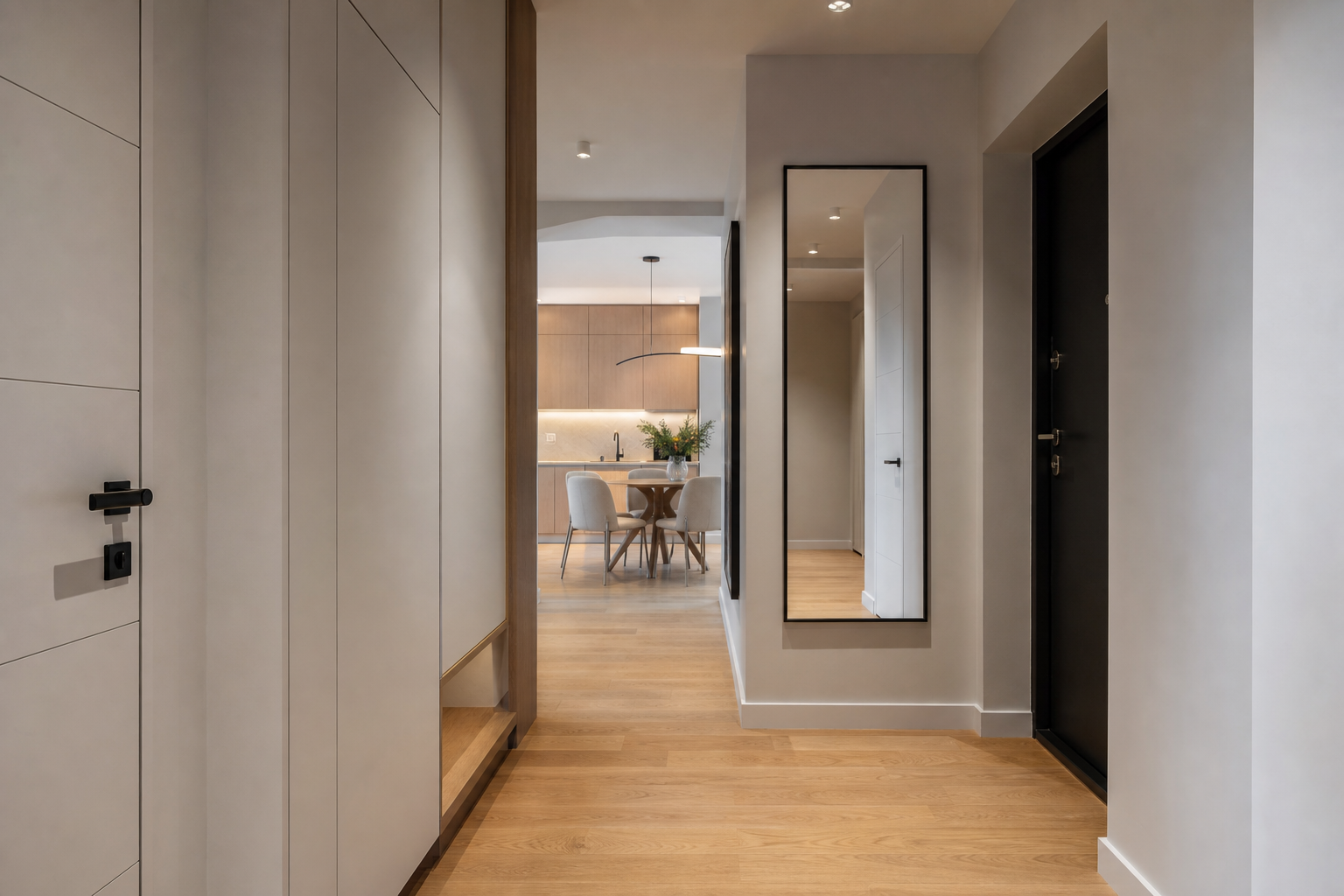 Renovated hallway with new flooring in Warsaw home